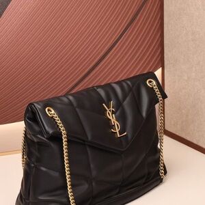 Saint Laurent Black Quilted Leather Shoulder Bag with Gold YSL Hardware